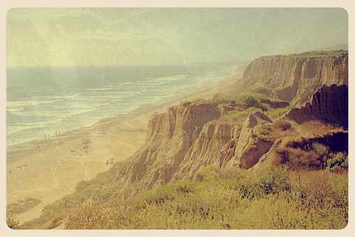 Retro-styled postcard of Black's Beach in Torrey Pines State Park -- a beautiful (nude) beach outside of San Diego. All artwork is my own.