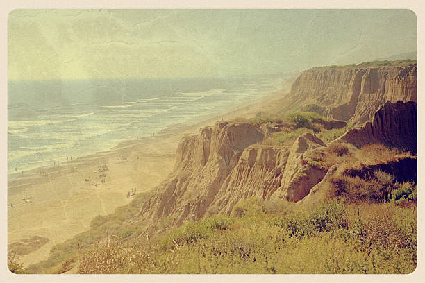Black's Beach, Torrey Pines State Park - Vintage Postcard Retro-styled postcard of Black's Beach in Torrey Pines State Park -- a beautiful (nude) beach outside of San Diego. All artwork is my own. torrey pines state reserve stock pictures, royalty-free photos & images