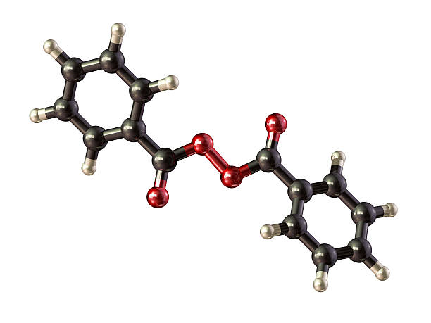A model of a molecule of benzoyl peroxide. It is used to treat burns and poison ivy dermatitis and is a common active component in many acne treatments. Isolated on white.