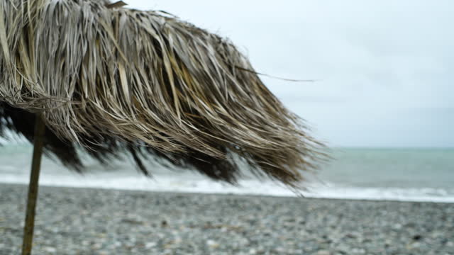 Beach with straw parasol in a windy day
