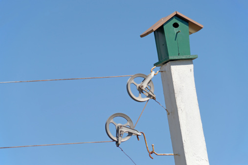 A green birdhouse set on top of a washing line pole. Sony A850 full frame sensor.