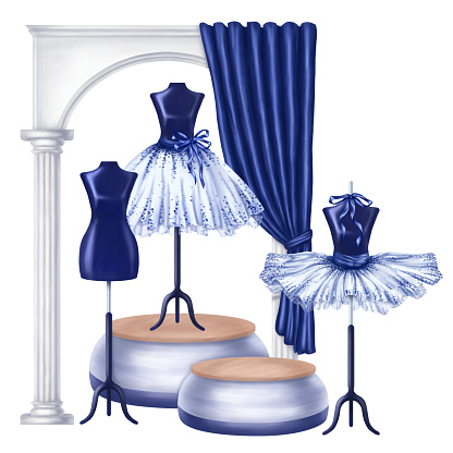 Blue ballet dance tutus, stage costumes. A skirt worn on a mannequin. A theatrical backstage, a shop window, an atelier, an outfit for a fashion show and a masquerade. Digital isolated illustration.