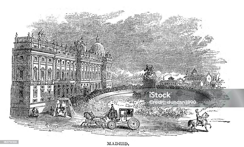 Madrid 19th century Vinage engraving of Madrid in the 19th century 19th Century stock illustration