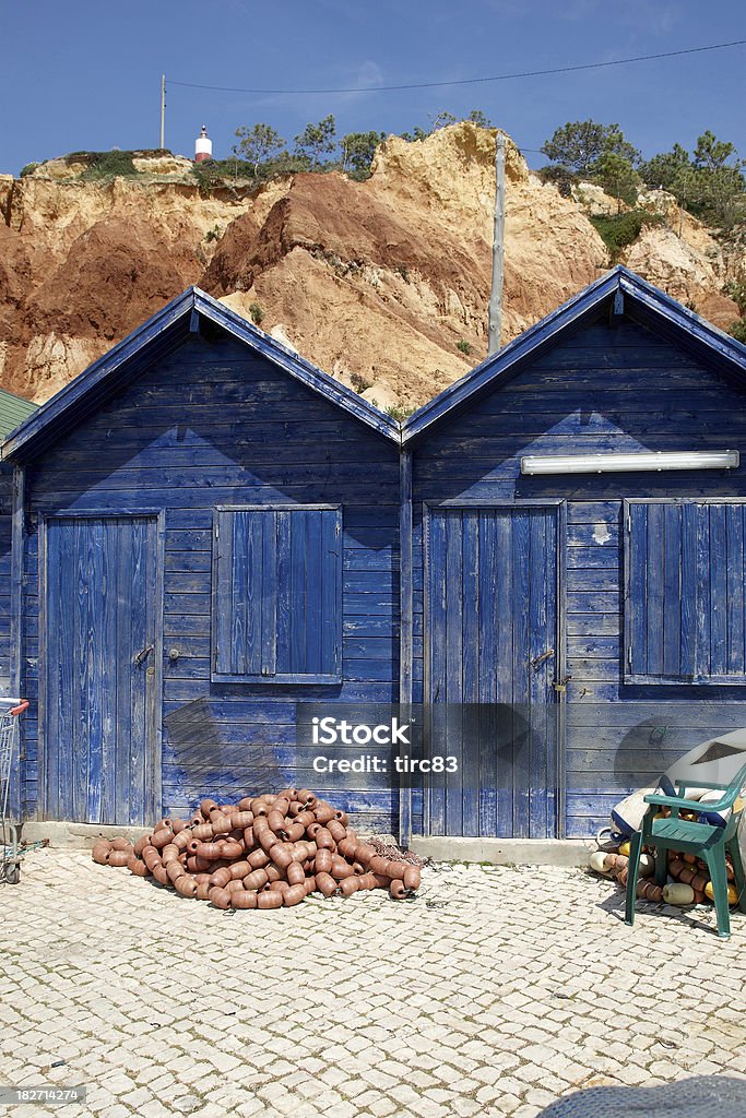 Blue wooden Portugese fishermen's huts Beach Stock Photo