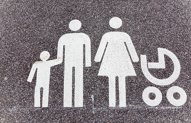Parking space reserved for families. Father, mother, child and stroller.