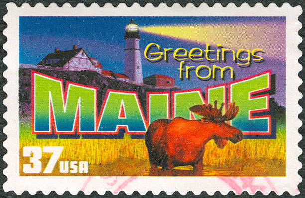Postage stamp Postage Stamp - Greetings from Maine weed stamp stock pictures, royalty-free photos & images