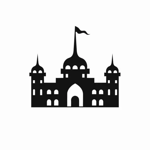 Vector illustration of Building simple flat black and white icon symbol, reminiscent of Alhambra, Travel Historic Silhouette Icon B&W.