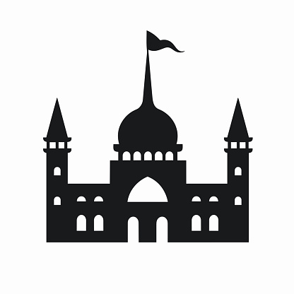 Building simple flat black and white icon logo, reminiscent of Blue Mosque, World Urban Design Logo Black and White. Silhouette Monochrome.