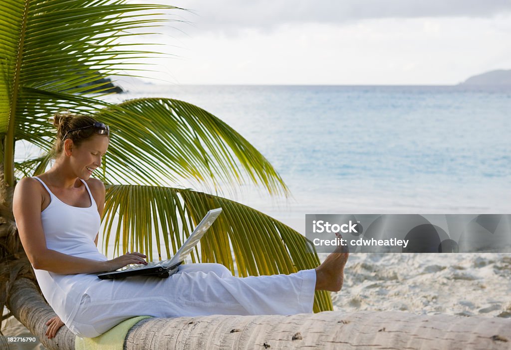 Donna sorridente usando il portatile sulla spiaggia tropicale - Foto stock royalty-free di Computer portatile