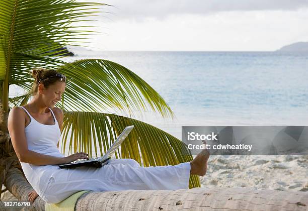 Donna Sorridente Usando Il Portatile Sulla Spiaggia Tropicale - Fotografie stock e altre immagini di Computer portatile