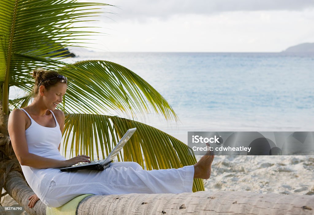 Mulher sorridente usando laptop na praia tropical beach - Foto de stock de Laptop royalty-free