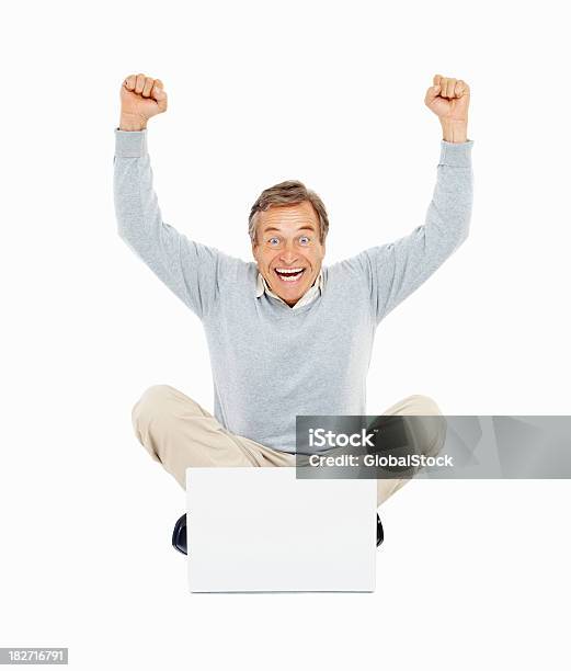 Achievement Old Man With Hands Raised Using Laptop Stock Photo - Download Image Now