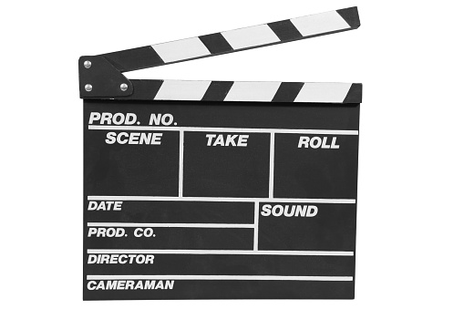 What's your story, Handwriting on film slate or clapperboard .film crew working in the studio.