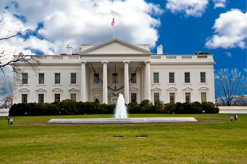 A sweeping view of the White House as seen from the South Lawn in Washing, DC, the nation's capital.