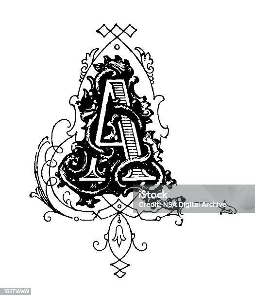 Typographic Decoration Letter A Stock Illustration - Download Image Now - 19th Century, Alphabet, Black And White