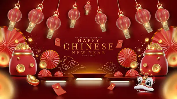Vector illustration of Red luxury background with product display podium element with 3d realistic chinese new year ornament and glitter light effect decoration and bokeh. Vector illustration.
