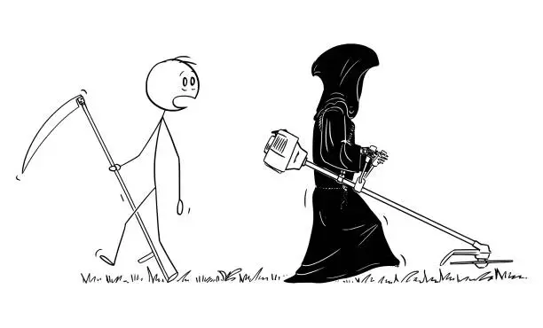 Vector illustration of Grim Reaper or Death With Grass or Brush Cutter,Vector Cartoon Stick Figure Illustration