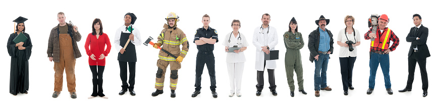 A group of people in their occupation including student, plumber, dancer, chef, fireman, paramedic, nurse, doctor, military pilot, rancher, photographer, logger, and business man.  