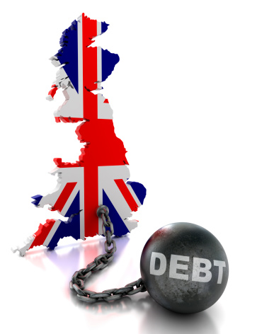 3d map of United Kingdom tied to chain and ball of debt - isolated with clipping path included