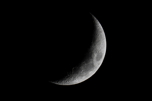 The waxing crescent moon on the evening of November 17, 2023. Taken using a Meade ETX-90 telescope and Sony A7Rii camera.