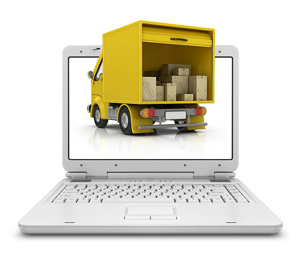 camionnette de livraison de ordinateur portable - truck delivery van isolated freight transportation photos et images de collection