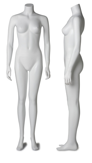 A front view and a side view of a female mannequin. Clipping path included.