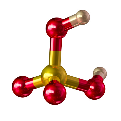 A ball and stick model of sulfuric (or sulphuric) acid.Isolated on white.