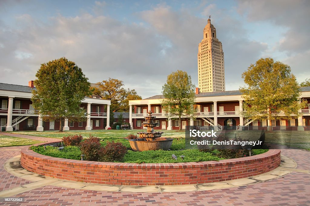 Louisiana State Capitol seen from the Pentagon Barracks The Louisiana State Capitol building is the capitol building of the state of Louisiana, located in Baton Rouge. The Pentagon Barracks are a complex of buildings located at State Capitol Drive at River Road in Baton Rouge, Louisiana on the grounds of the state capitol Baton Rouge Stock Photo