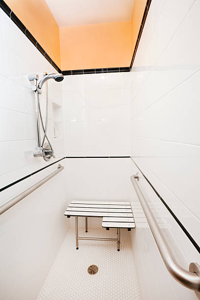 Handicap Access Tiled Wall, Floor Shower Stall with Railings, Seat
