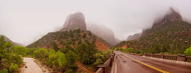 Zion National Park Panorama panoramic view / of the mountains and the streams / zion national virgin river stock pictures, royalty-free photos & images