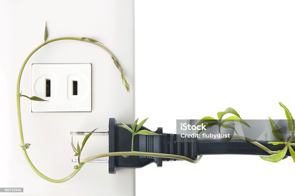 energy conservation vines on an unplugged electrical cord from wall outlet. an energy conservation concept.Related images: Black Color Stock Photo