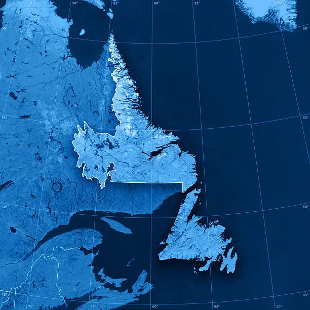 "3D render and image composing: Topographic Map of Newfoundland and Labrador, Canada. Including state borders, rivers and accurate longitude/latitude lines. High quality relief structure!Relief texture and satellite images courtesy of NASA. Further data source courtesy of CIA World Data Bank II database.Related images:"