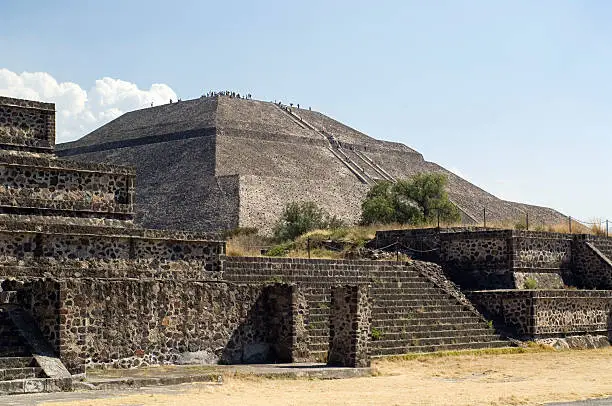 "The Pyramid of the Sun in Teotihuacan, Mexico, the worlds third largest pyramid. Seen behind smaller pyramids at the Street Of The Dead. Unesco World Heritage site."