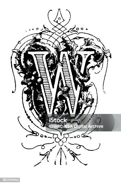 Typographic Decoration Letter W Stock Illustration - Download Image Now - 19th Century, Alphabet, Black And White