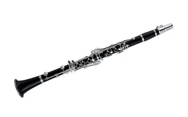 "Close-up of a brand new high quality clarinet, isolated on white.Canon 1Ds Mark III + 50 mm @ ISO 50 from RAW, cropped & downsized"