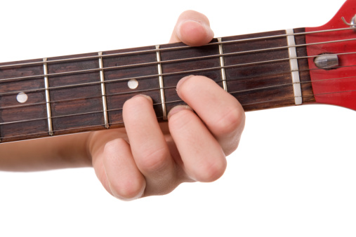 Close up of fingers in the position of the D chord.