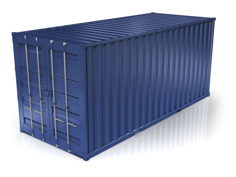 Blue cargo container on a white background.Could be a useful element in a shipping or cargo composition.This is a detailed 3d rendering.