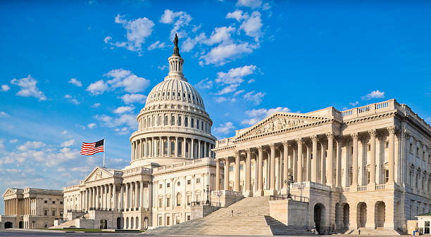 united states capitol mit senat haus unter blauen himmel - kuppeldach fotos stock-fotos und bilder