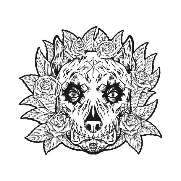 Vector illustration of Floral fantasy dog head muerte monochrome