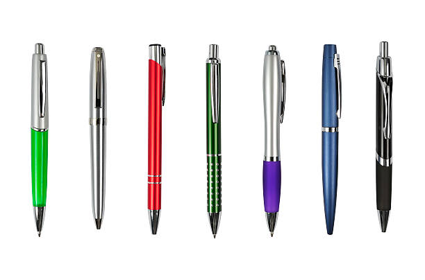 Elegant, metal, business ballpoint pens isolated, clipping paths stock photo