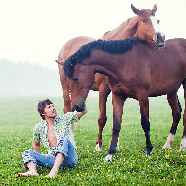 A mature man wearing a red shirt and green cap is seen interacting with a white horse in a natural, outdoor rural setting. The horse is wearing a red halter. The images depict a strong human-animal bond, care, and harmony with nature. Perfect for themes of farming, companionship, animal care, or countryside living.