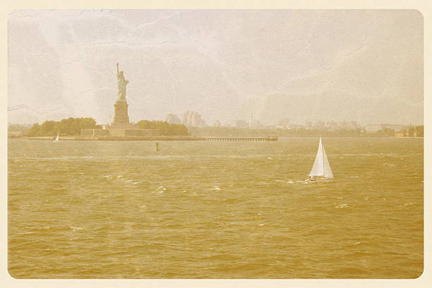 Statue of Liberty Postcard - Grunge Retro-styled postcard of the Statue of Liberty seen from a boat. statue of liberty new york city photos stock pictures, royalty-free photos & images