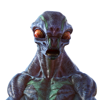 3d illustration of an interesting orange eyed muscular alien with gray and green skin on a white background.