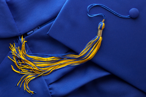 Blue and gold tassel with graduation Cap (Mortar Board) and Gown