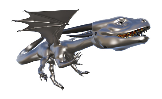 3d illustration of a dragon with chrome skin looking sleek isolated on a white background.