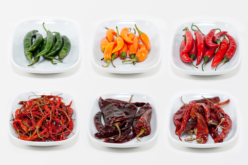 Variety Of 6 Different Kinds Of Fresh & Dried Chili Peppers. 