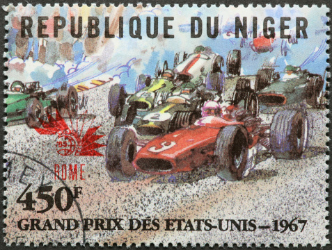 Gran Prix racing cars on a Niger stamp