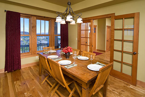 istock Modern dining room with hardwood floor 182732289