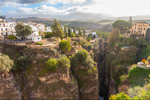 Looking out over part of the town of Ronda, Andalucía, Spain, which is divided by El Tajo Gorge over the Guadalevín river.