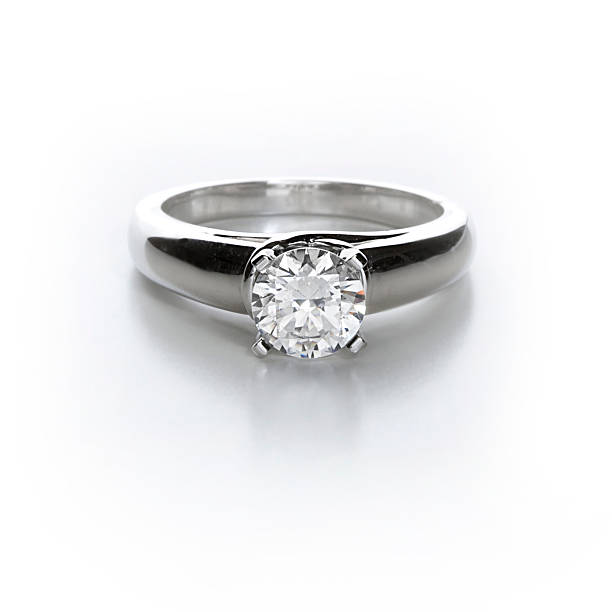 Close-up of platinum diamond ring with single stone A diamond solitaire ring on white. diamond ring stock pictures, royalty-free photos & images